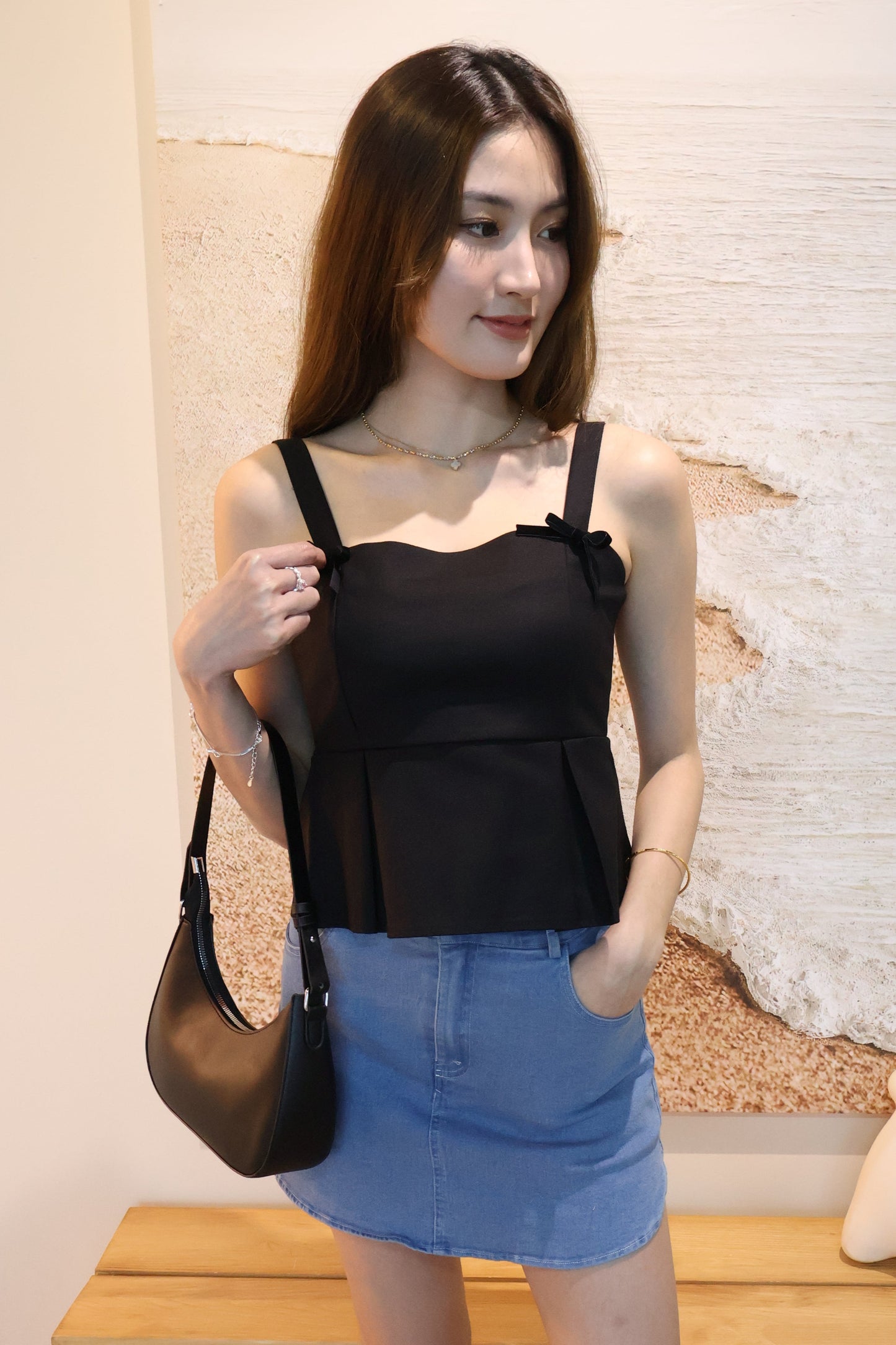 Coney Pleat Strap Top (With Detachable Ribbon Pins) In Black