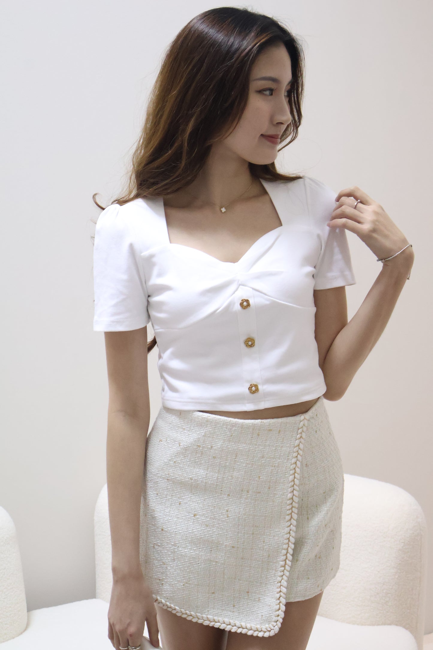 Flora Petal Buttons Sweetheart Top In White