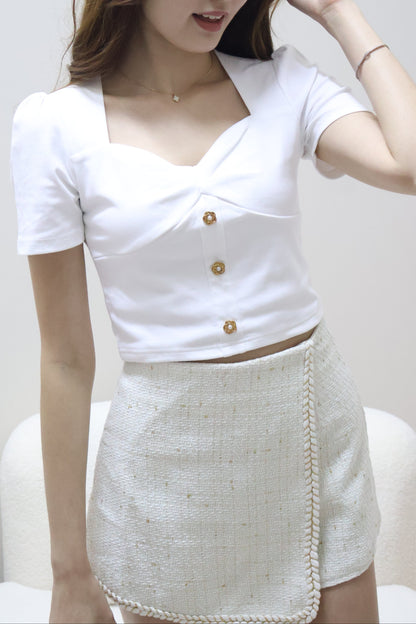Flora Petal Buttons Sweetheart Top In White