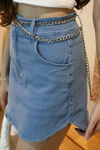 Paris Denim Curved Hem Skorts With Chain Belt