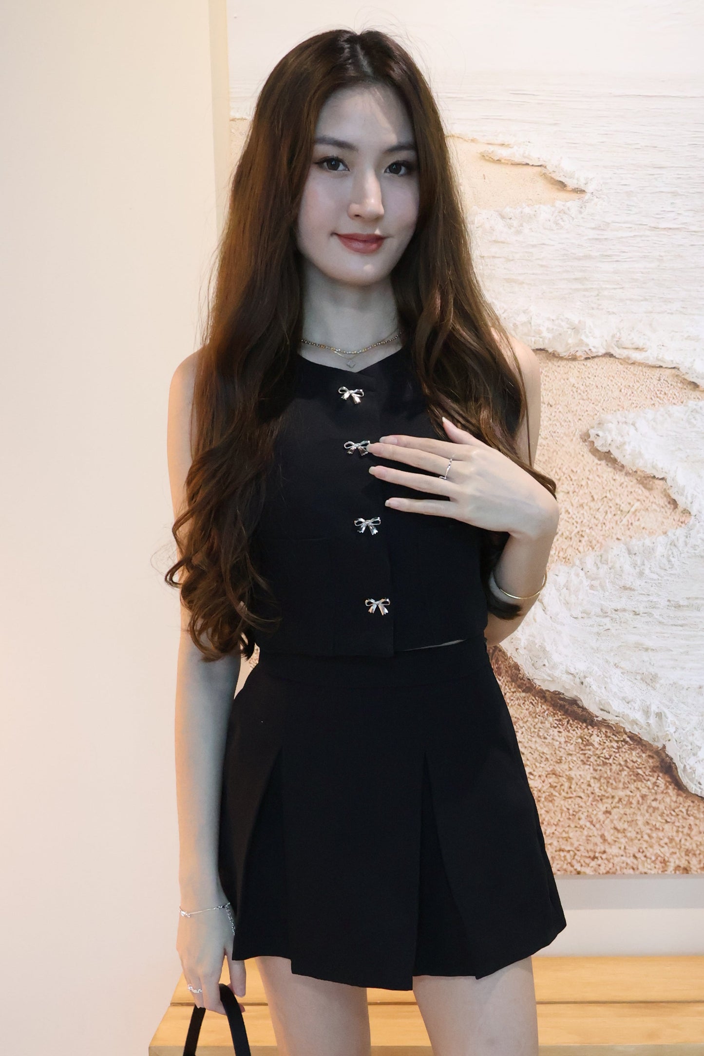 Winnie Ribbon Buttons & Pleated Skorts Co-Ords Set In Black