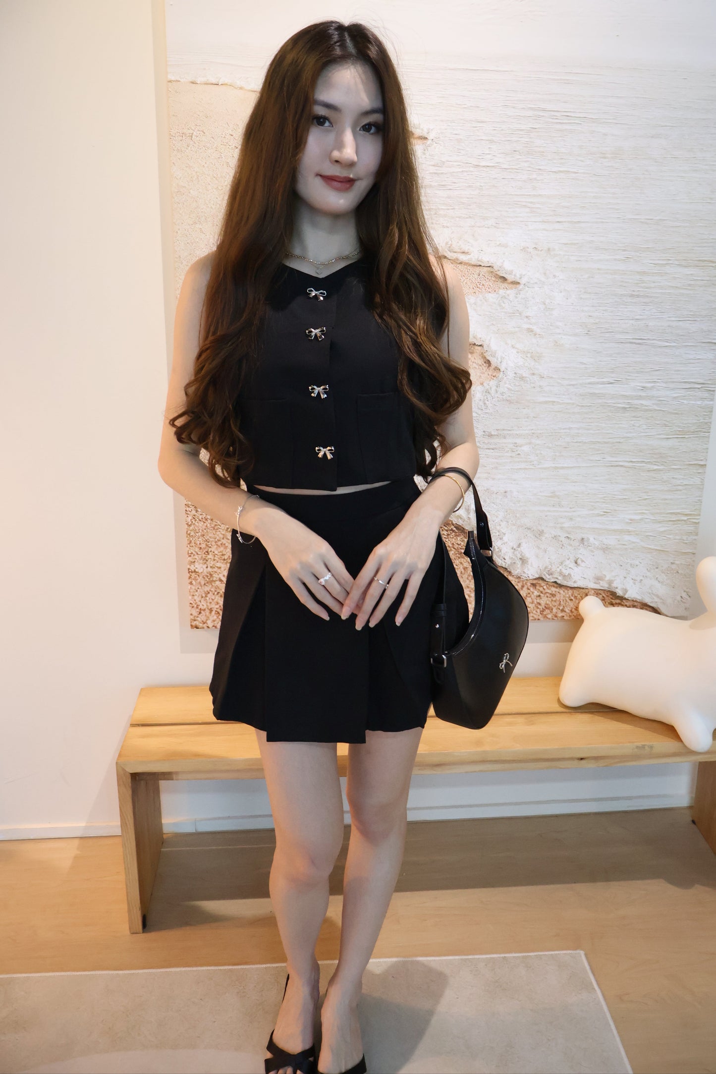 Winnie Ribbon Buttons & Pleated Skorts Co-Ords Set In Black