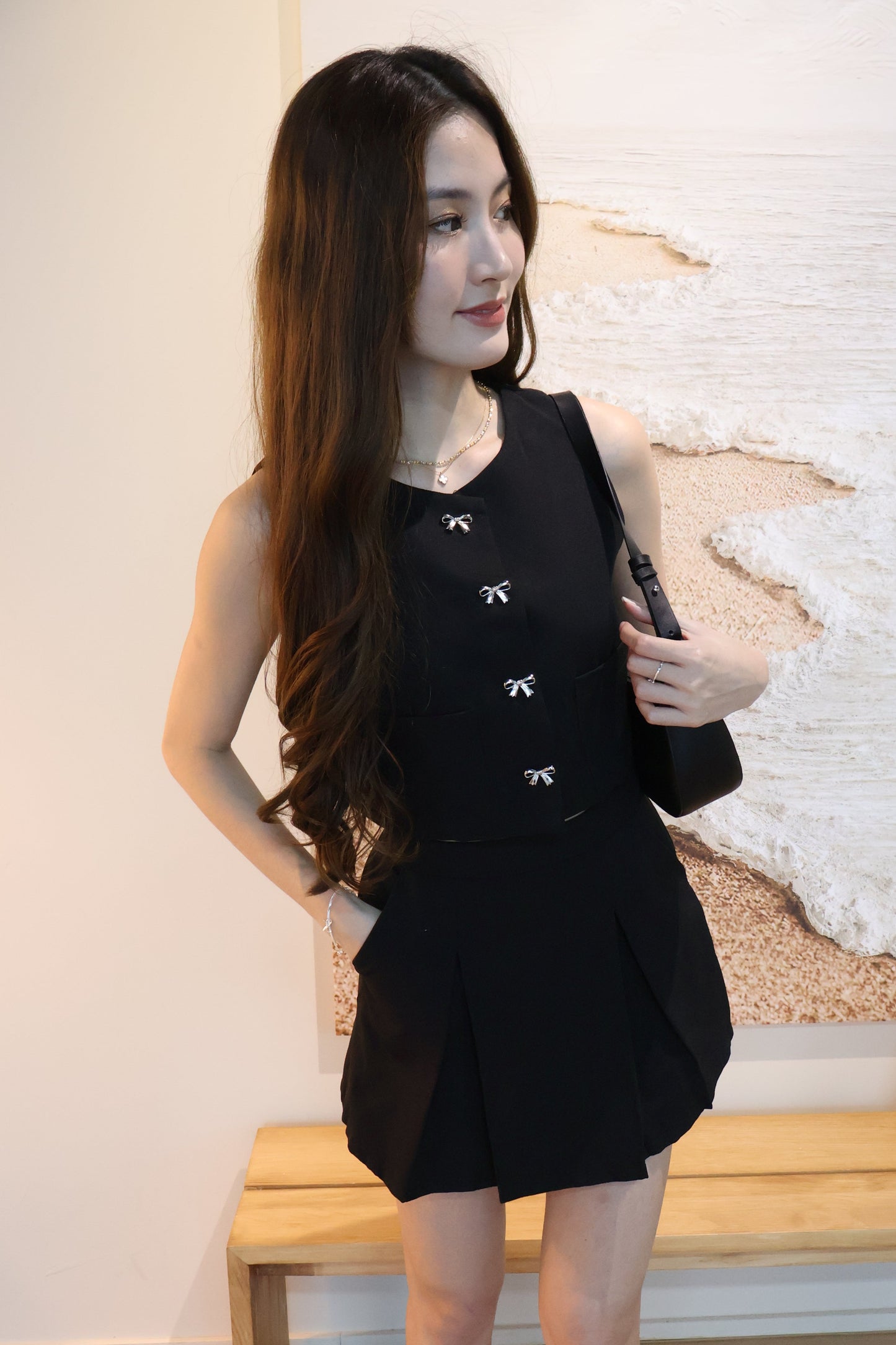 Winnie Ribbon Buttons & Pleated Skorts Co-Ords Set In Black