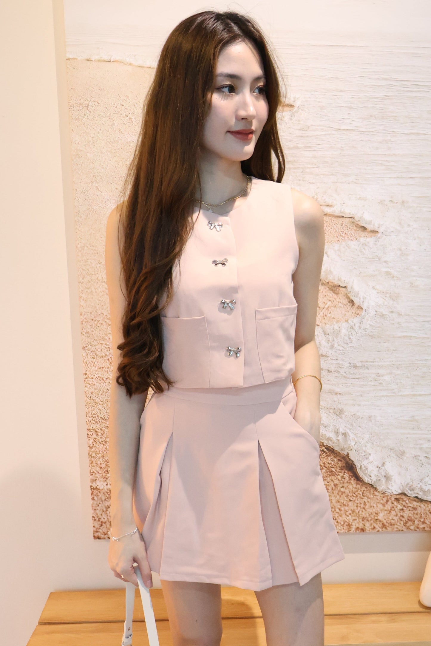 Winnie Ribbon Buttons & Pleated Skorts Co-Ords Set In Pink