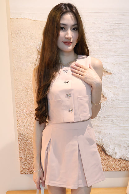 Winnie Ribbon Buttons & Pleated Skorts Co-Ords Set In Pink