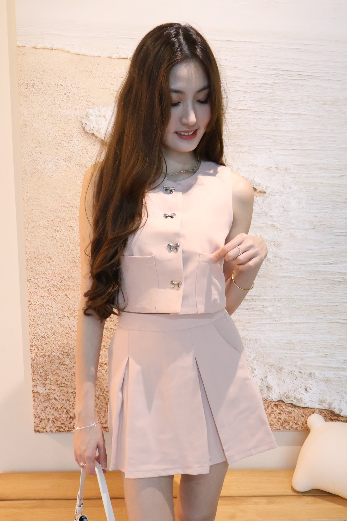 Winnie Ribbon Buttons & Pleated Skorts Co-Ords Set In Pink