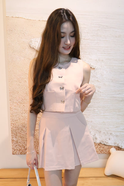 Winnie Ribbon Buttons & Pleated Skorts Co-Ords Set In Pink