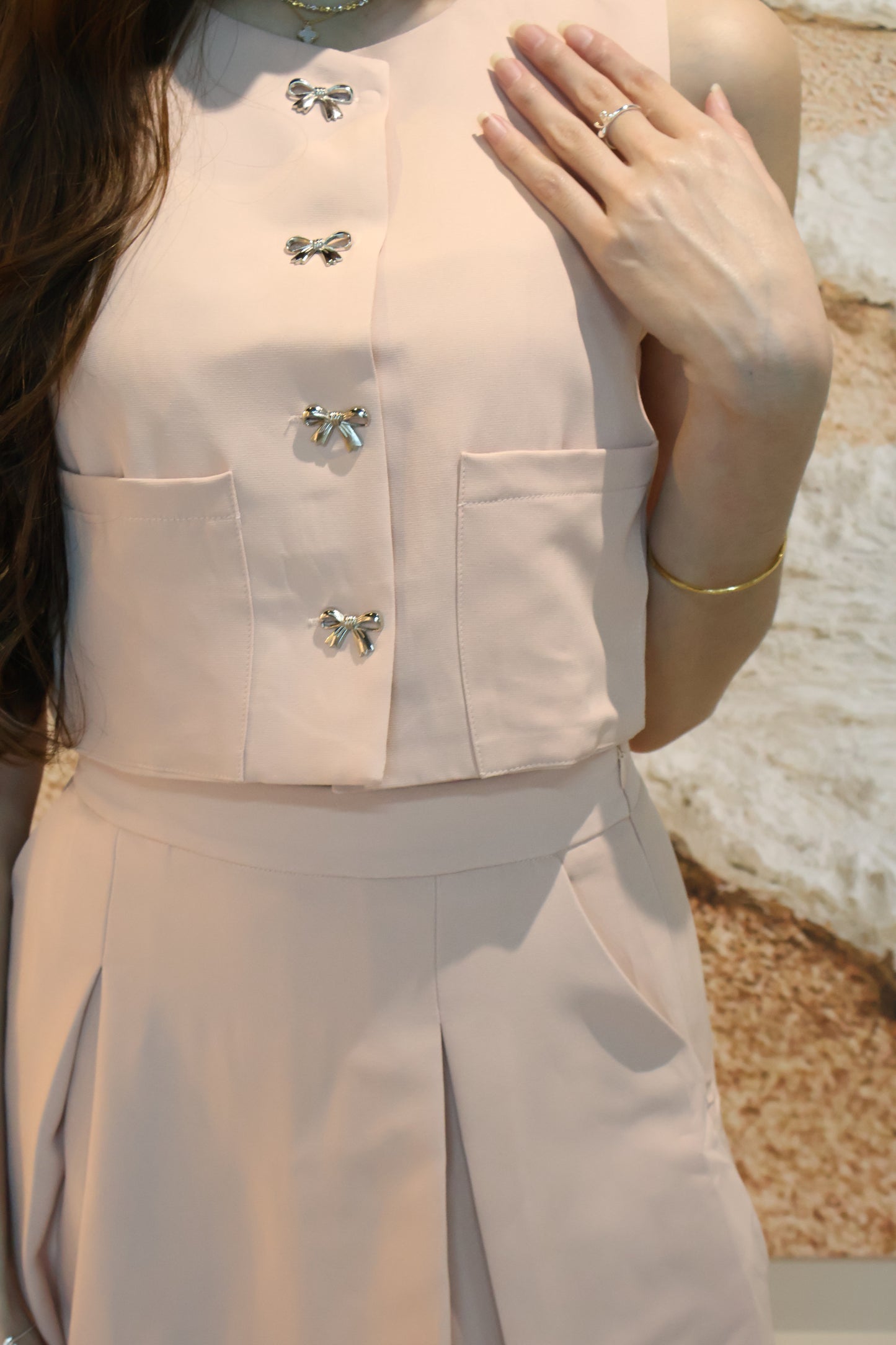 Winnie Ribbon Buttons & Pleated Skorts Co-Ords Set In Pink