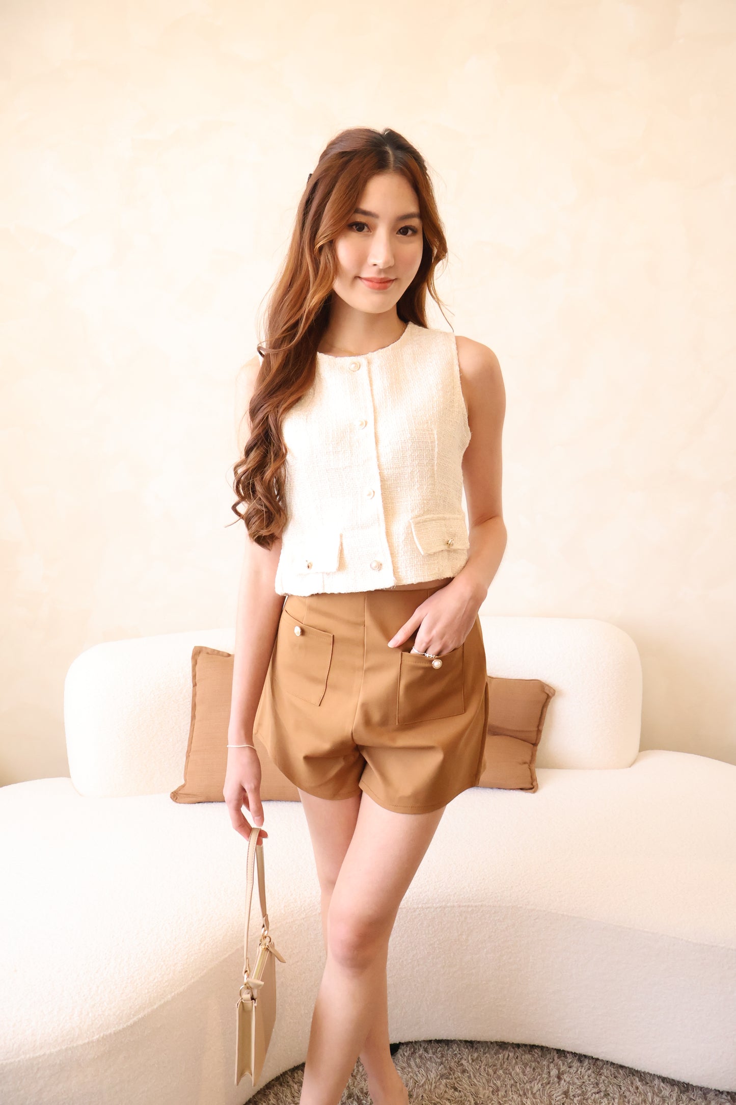 Claire Tweed Pearl Button 2-pc Set In Cream