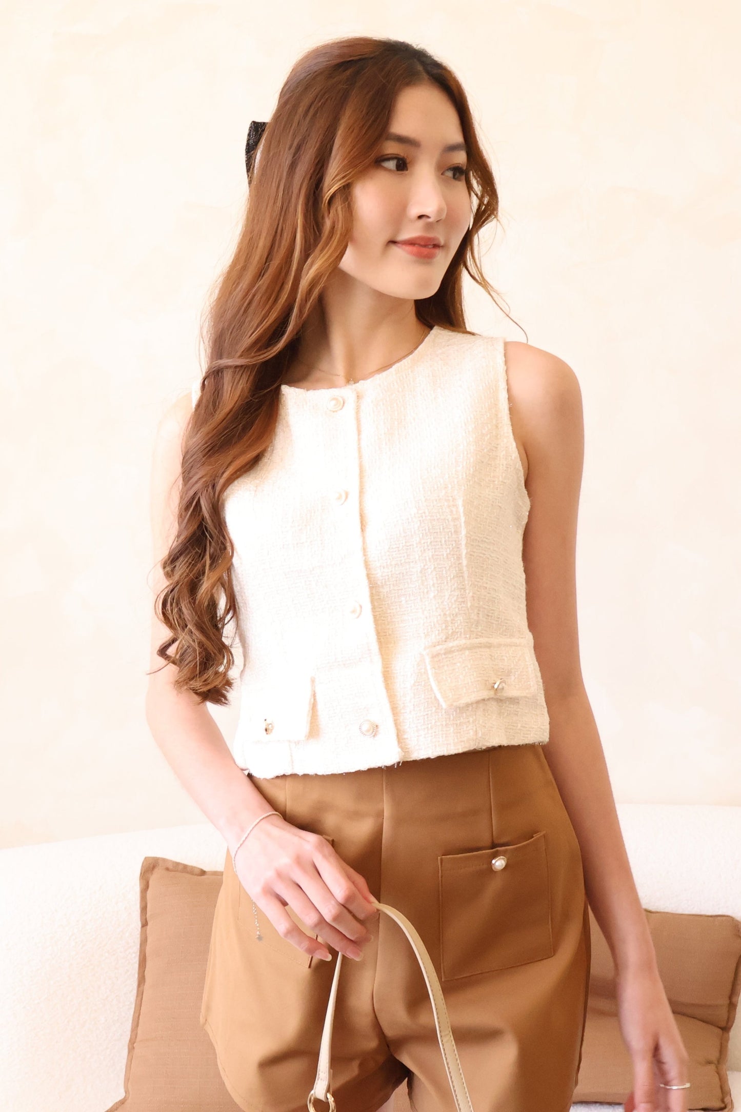 Claire Tweed Pearl Button 2-pc Set In Cream