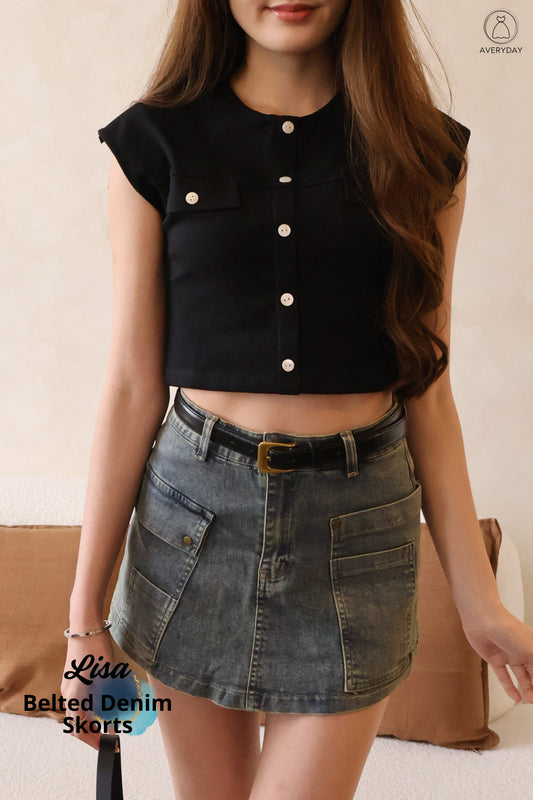 Lisa Belted Denim Skorts In Vintage Wash