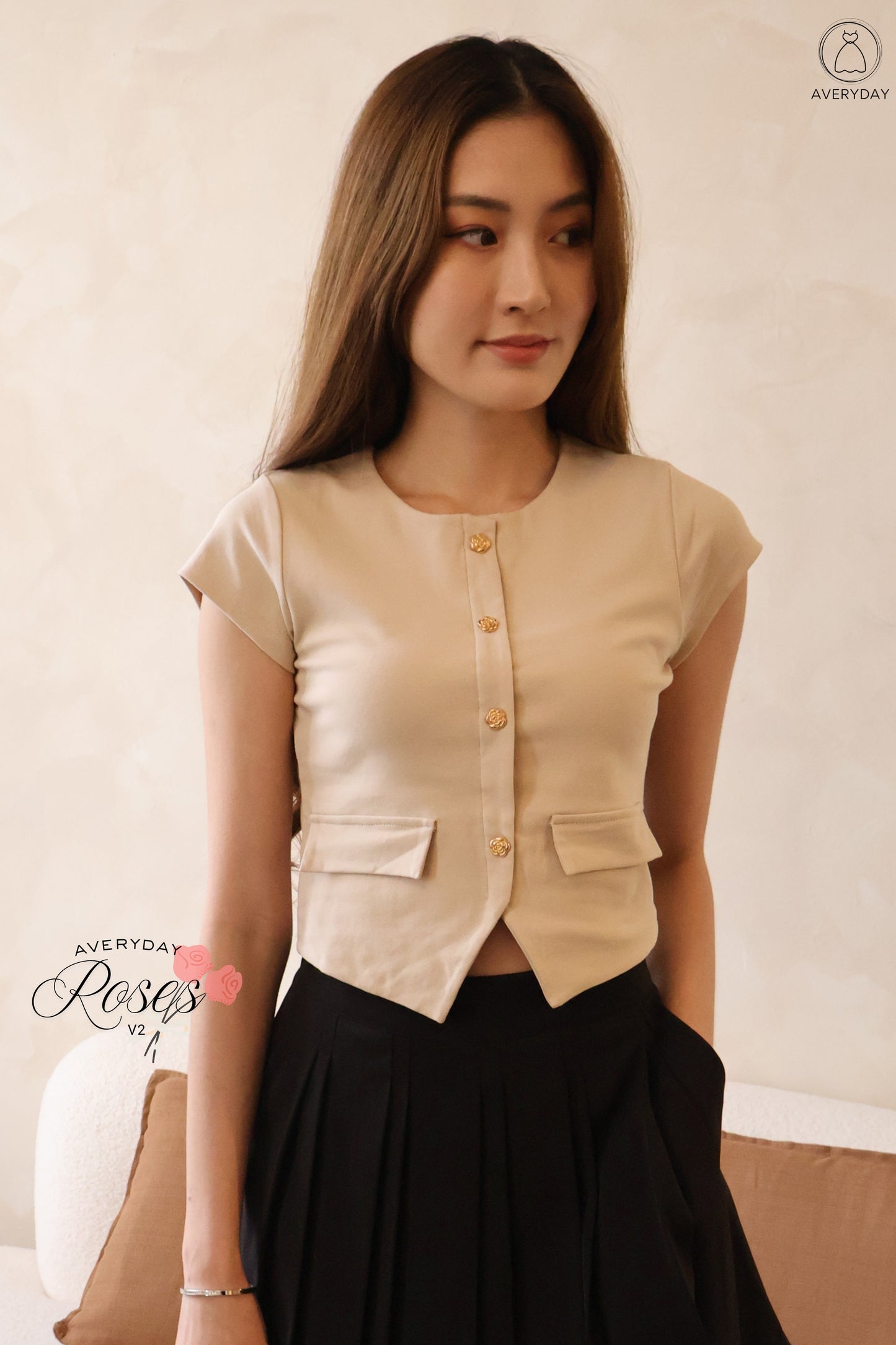 Roses v2 Gold Button Top In Khaki