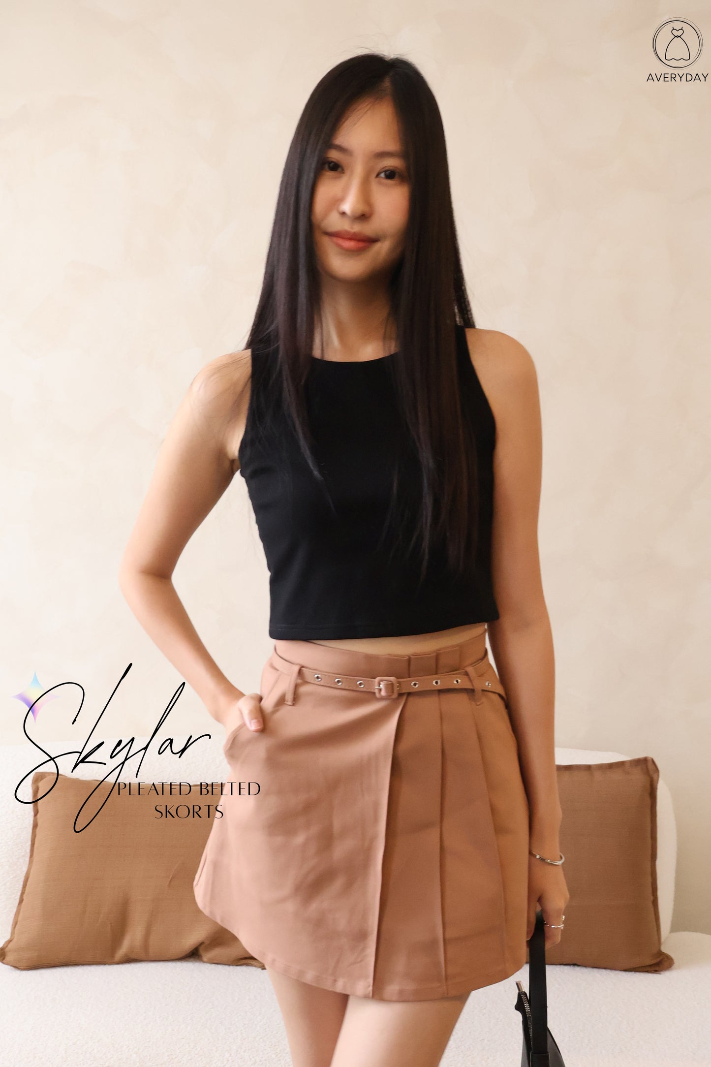 *Restocked* Skylar Pleated Belted Skorts In Brown