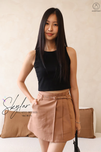 *Restocked* Skylar Pleated Belted Skorts In Brown