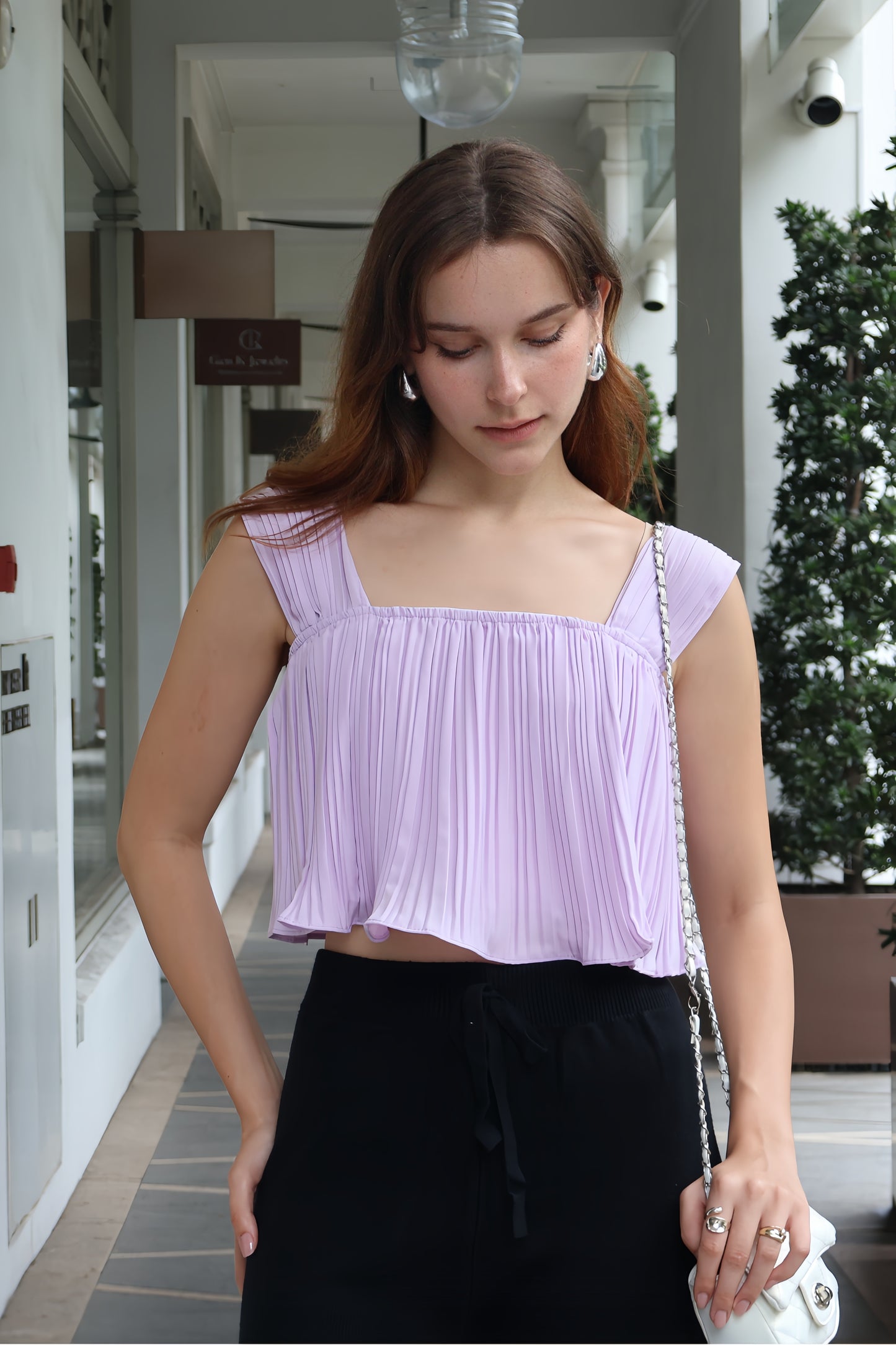 Melia Pleated Flowy Strap Top in Lavender