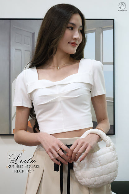 Leila Ruched Square Neck Top In White