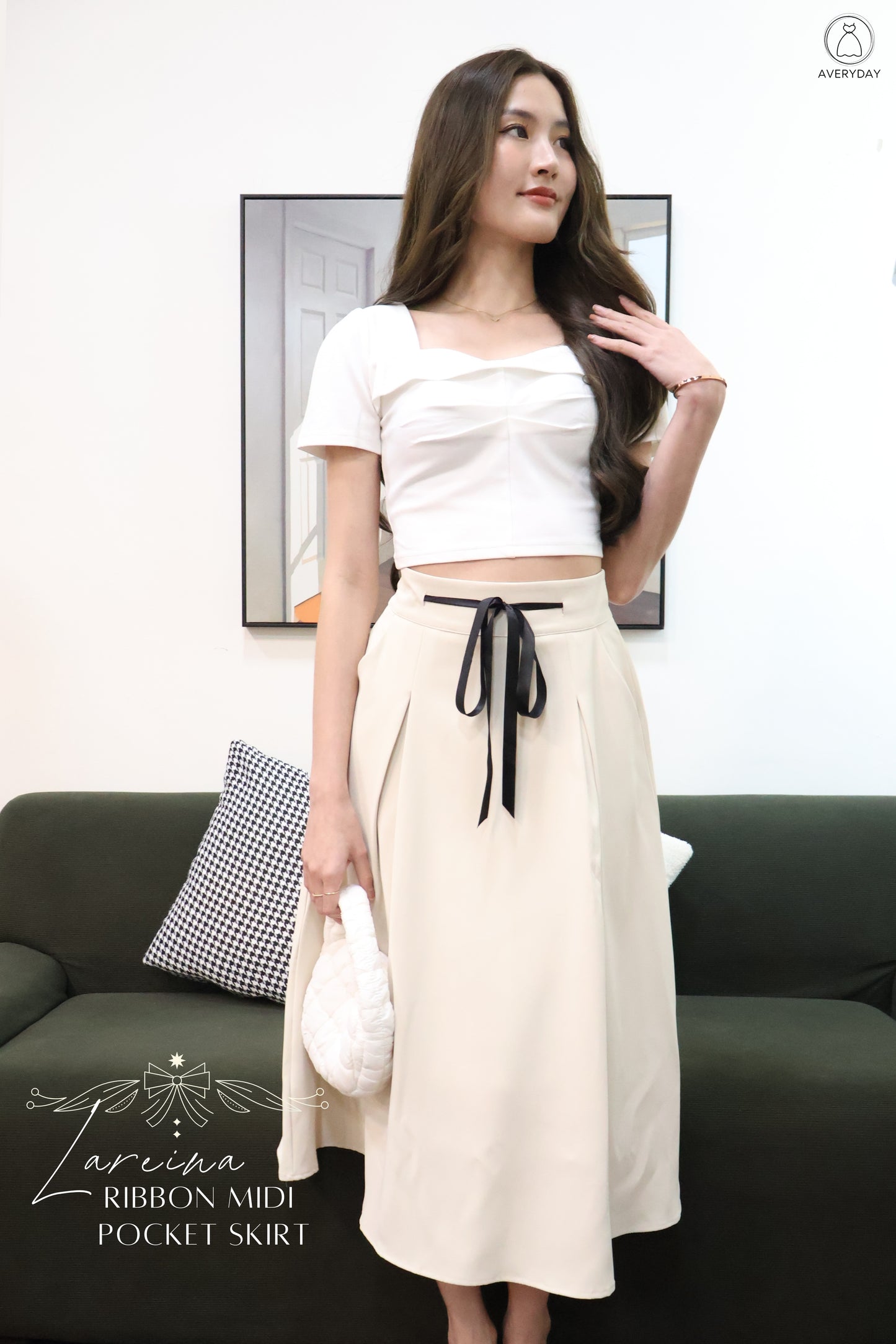 Lareina Ribbon Midi Pocket Skirt In Cream