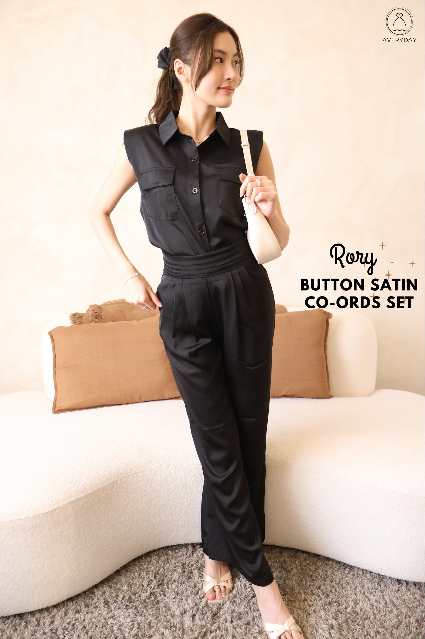 Rory Button Satin Co-Ords Set In Black