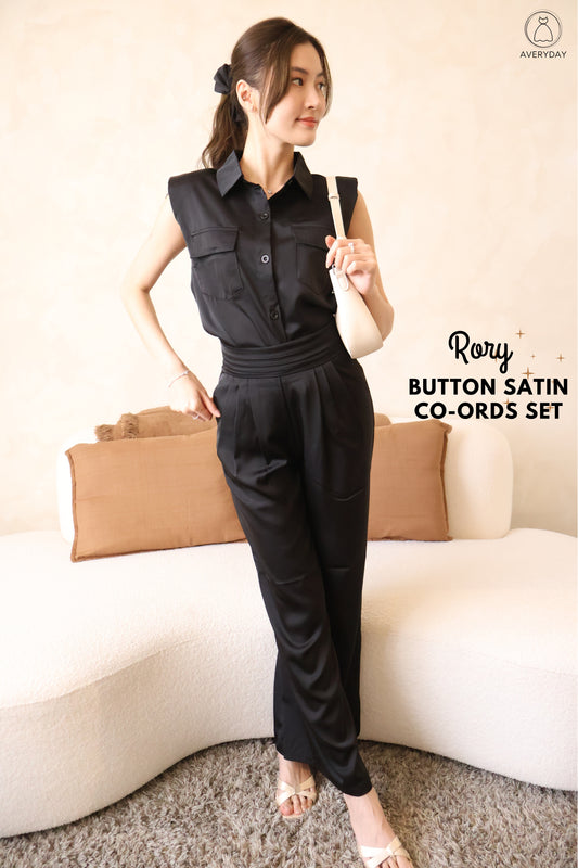 Rory Button Satin Co-Ords Set In Black
