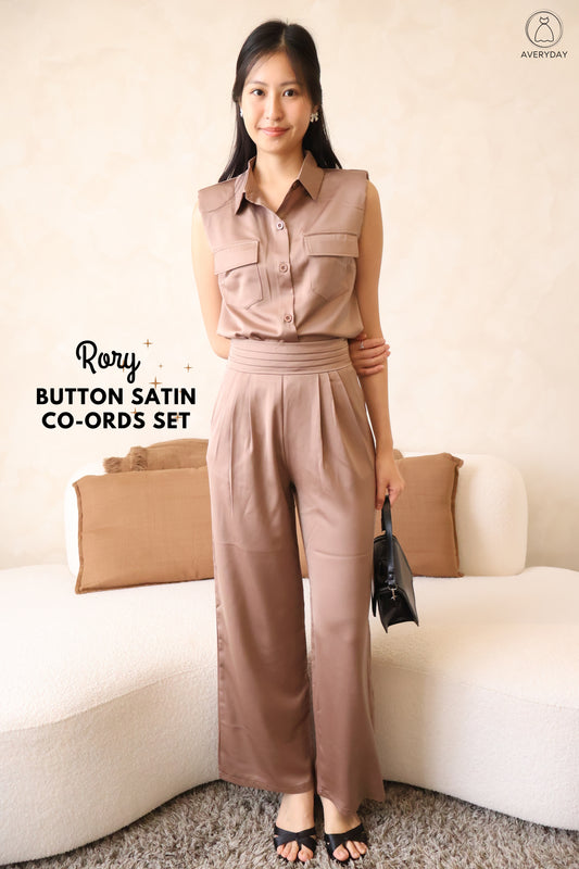 Rory Button Satin Co-Ords Set In Earth