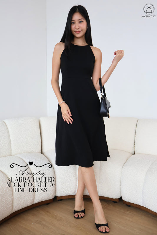 *Restocked* Klarra Halter Neck Pocket A-Line Dress In Classic Black