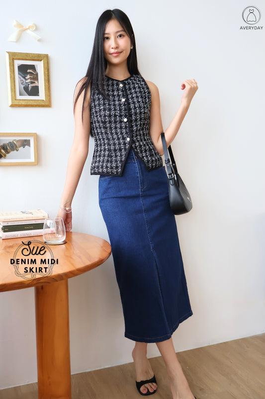 Sue Denim Midi Skirt In Dark Wash