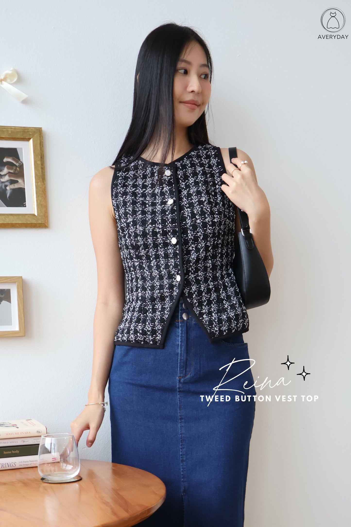 Reina Tweed Button Vest Top In Black