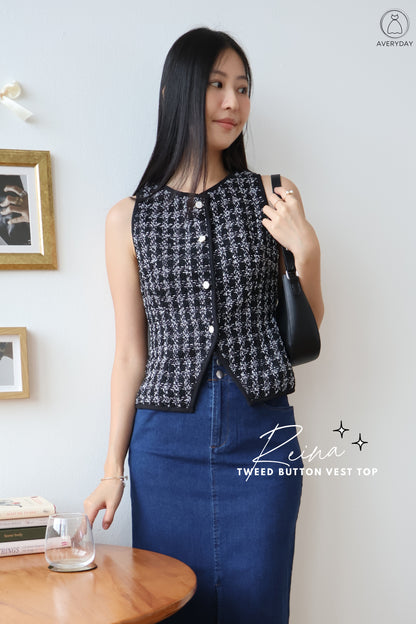 Reina Tweed Button Vest Top In Black