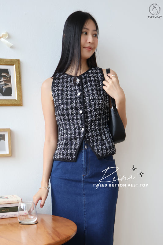Reina Tweed Button Vest Top In Black