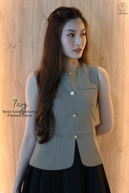 *Restocked* *Premium* Izzy Rose Gold Buttons Pleated Dress In Taupe