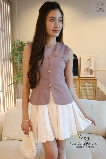 *Restocked* *Premium* Izzy Rose Gold Buttons Pleated Dress In Mulberry