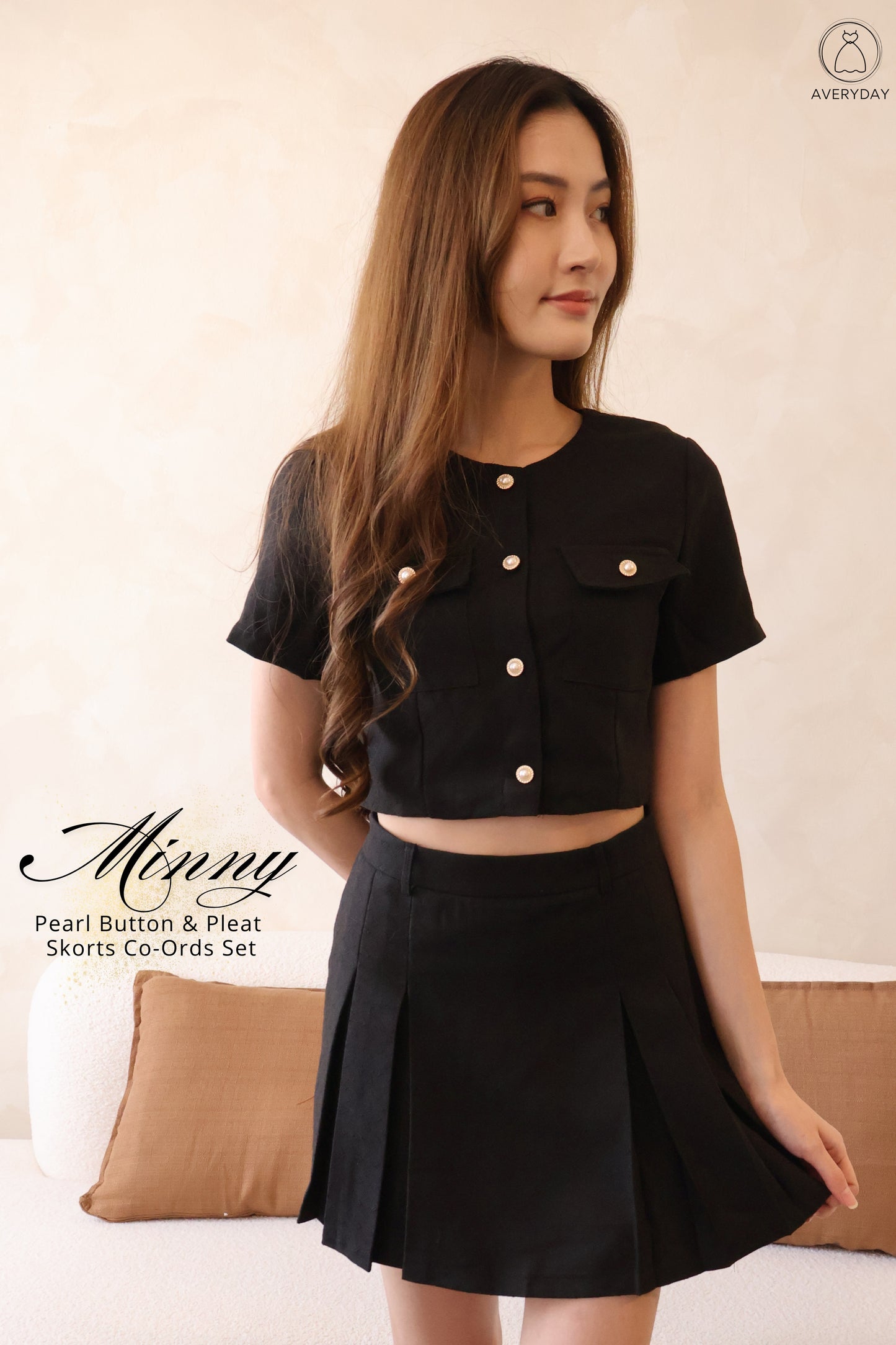 Minny Pearl Button & Pleat Skorts Co-Ords Set In Black