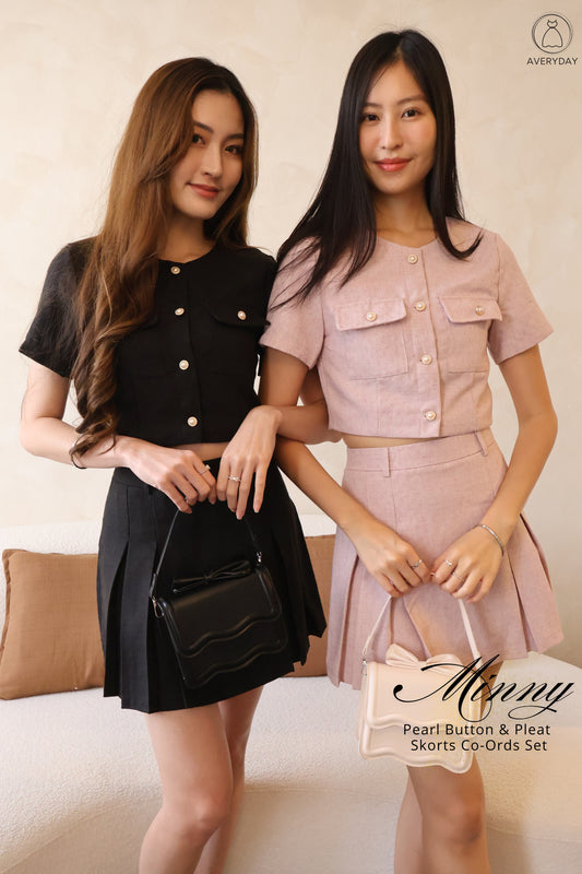 Minny Pearl Button & Pleat Skorts Co-Ords Set In Black