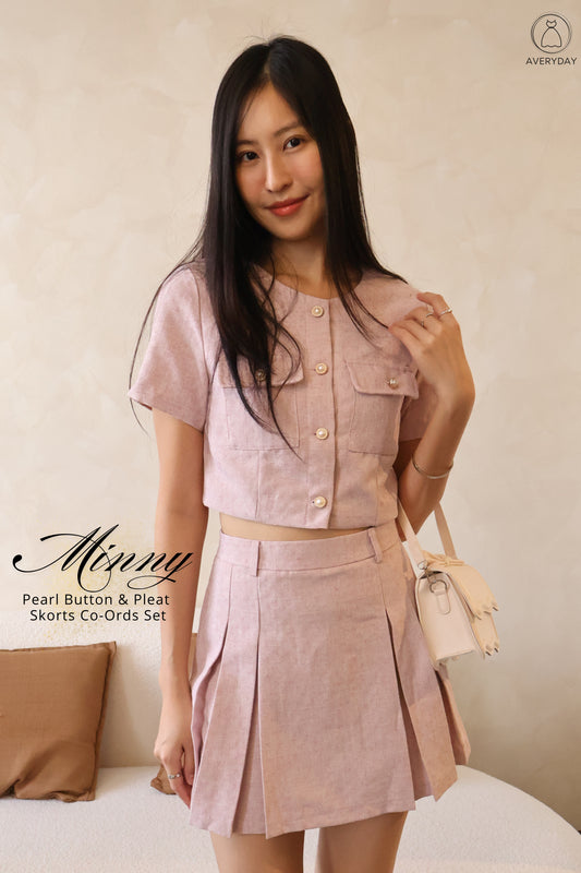Minny Pearl Button & Pleat Skorts Co-Ords Set In Pink