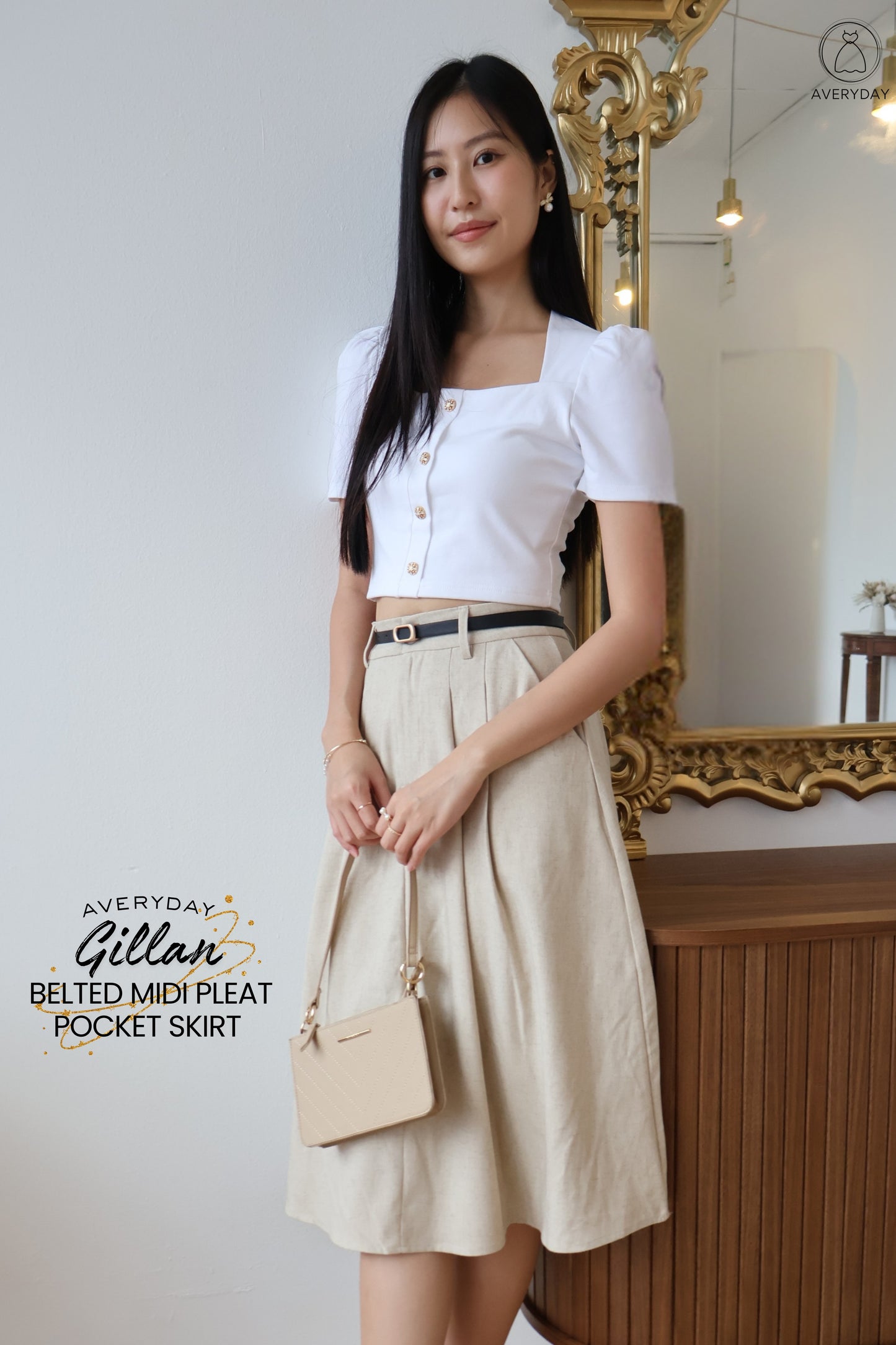 Gillan Belted Midi Pleat Pocket Skirt In Sand