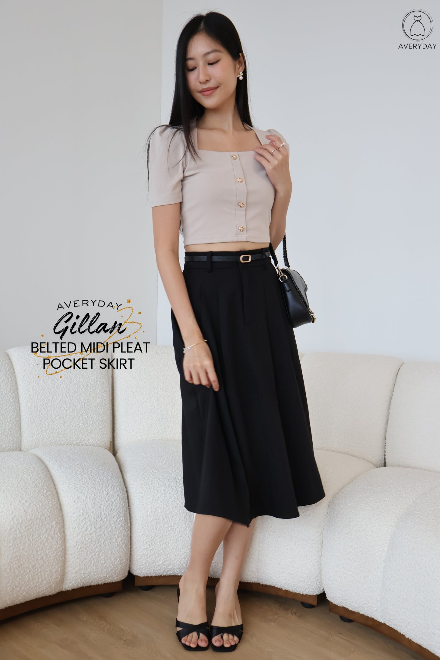 Gillan Belted Midi Pleat Pocket Skirt In Black