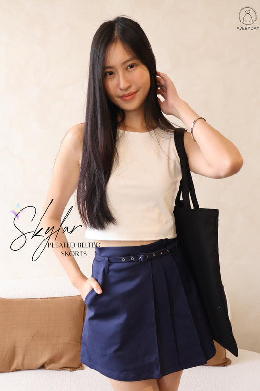 *Restocked* Skylar Pleated Belted Skorts In Navy