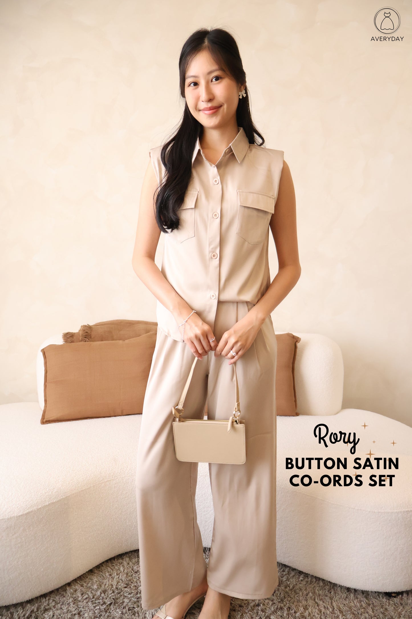 Rory Button Satin Co-Ords Set In Champagne