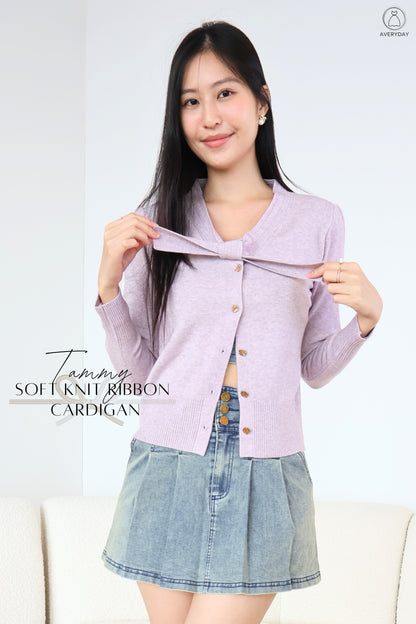 Tammy Soft Knit Ribbon Cardigan In Lilac