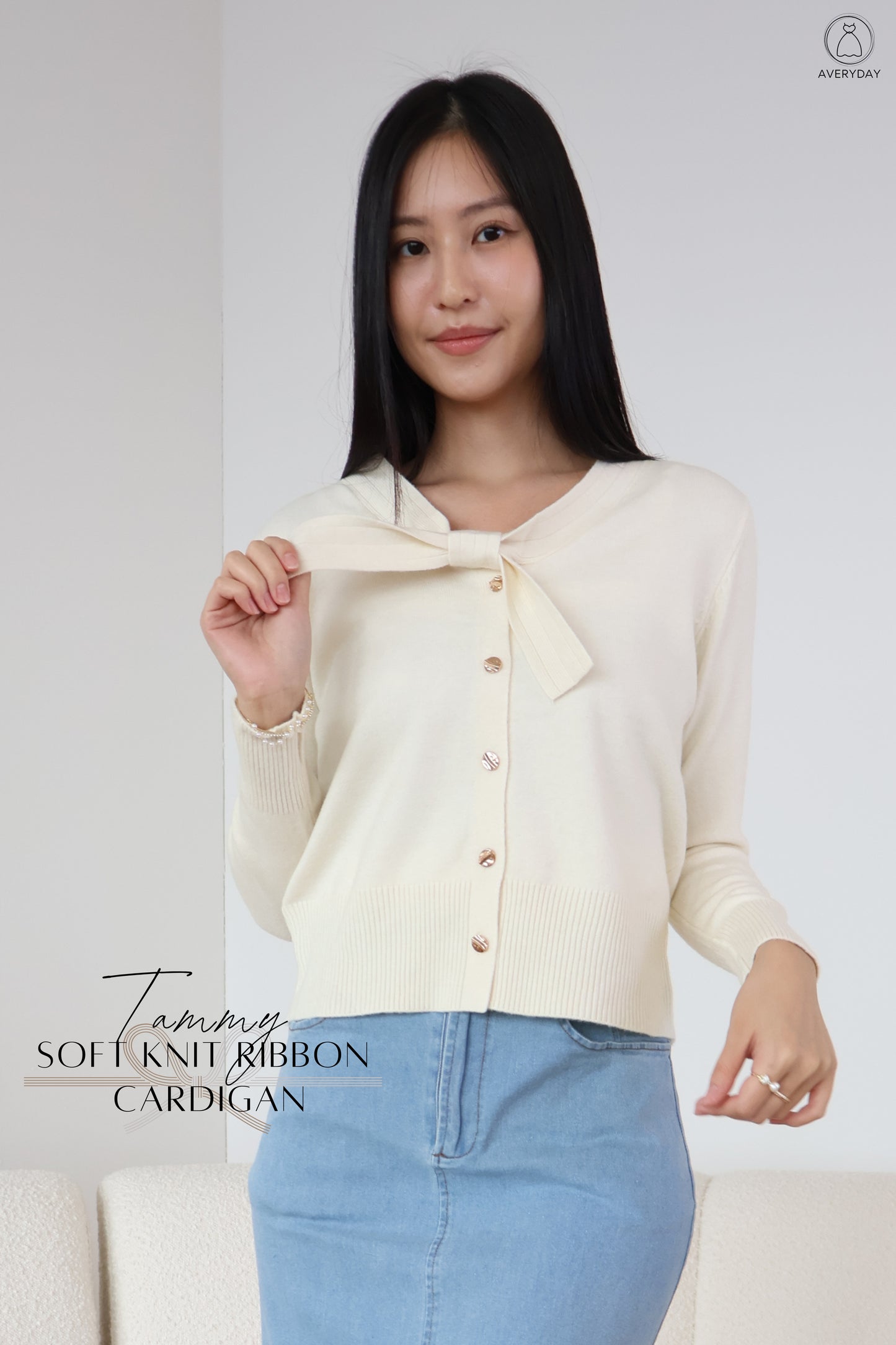 Tammy Soft Knit Ribbon Cardigan In Cream
