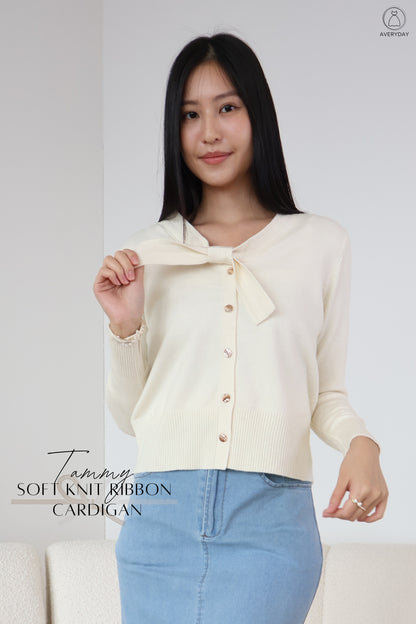 Tammy Soft Knit Ribbon Cardigan In Cream