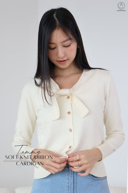 Tammy Soft Knit Ribbon Cardigan In Cream
