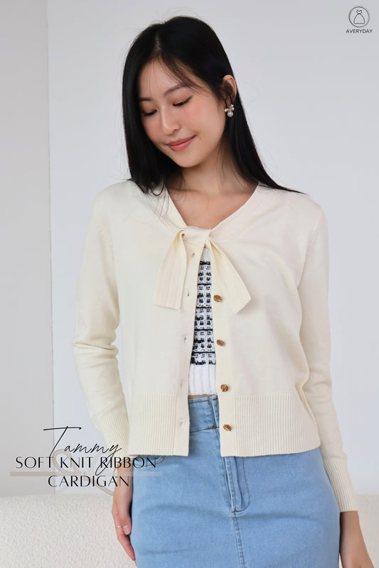 Tammy Soft Knit Ribbon Cardigan In Cream
