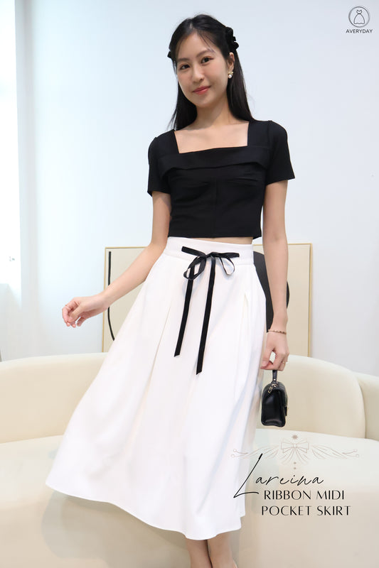 Lareina Ribbon Midi Pocket Skirt In White