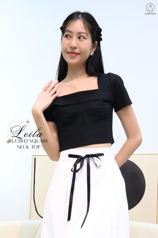 Leila Ruched Square Neck Top In Black