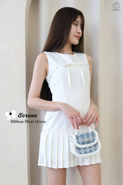Serene Ribbon Pleat Dress in Off White