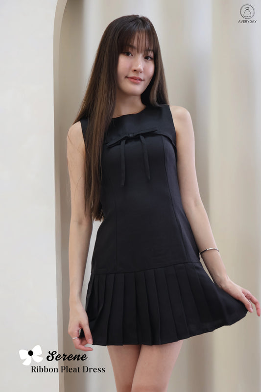 Serene Ribbon Pleat Dress in Black