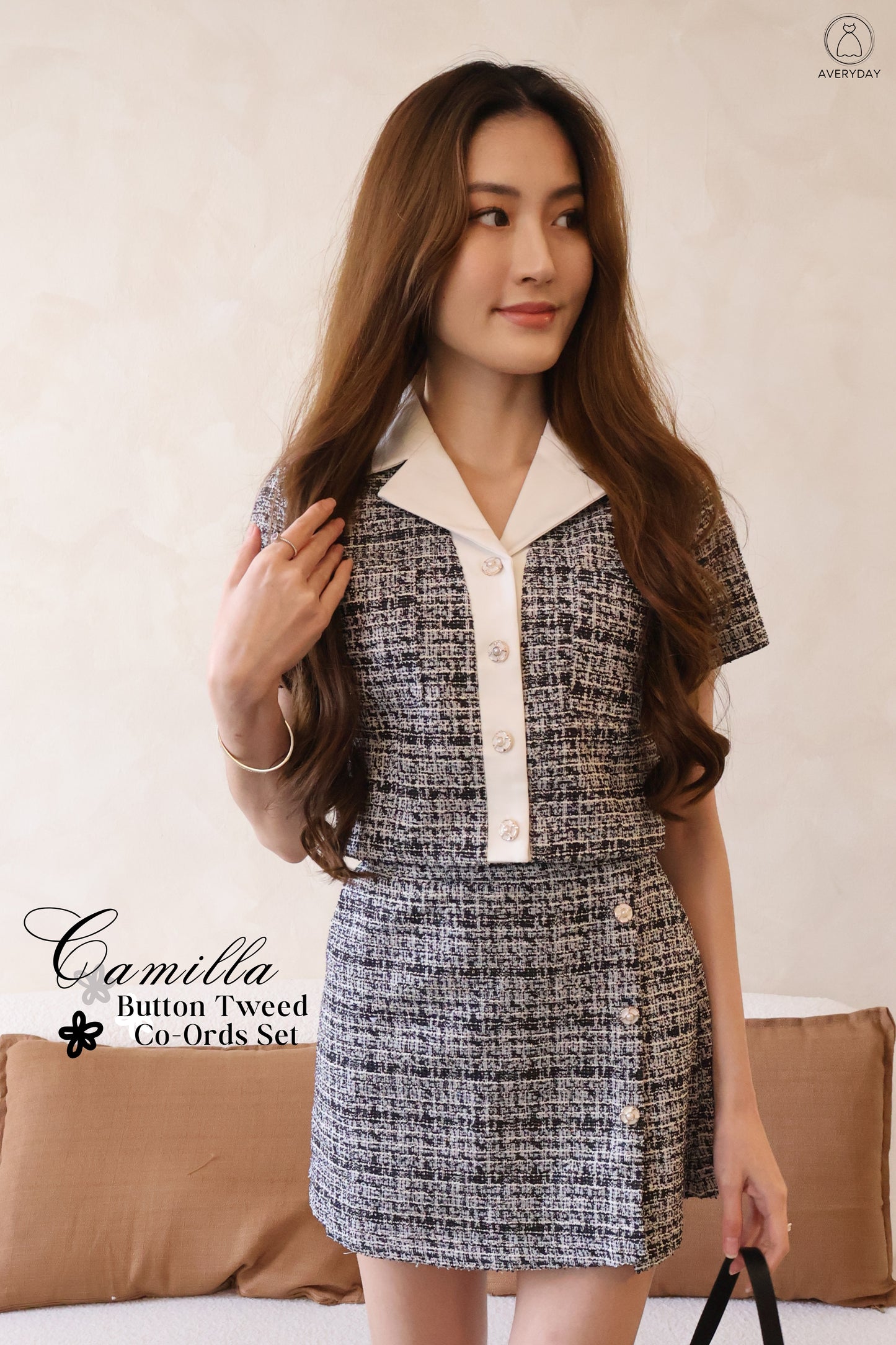 Camilla Button Tweed Co-Ords Set In Black