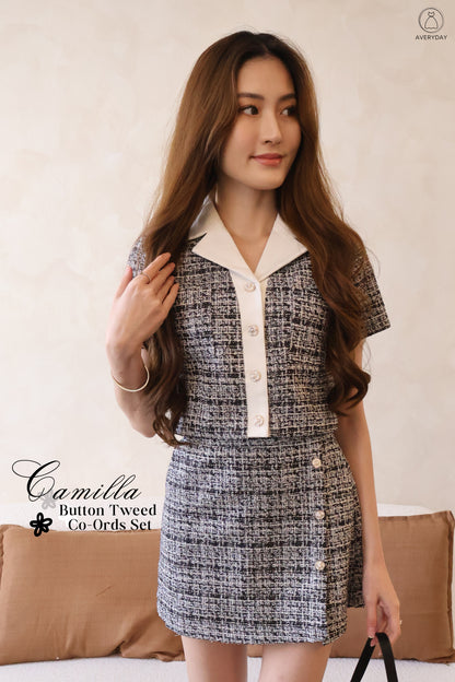 Camilla Button Tweed Co-Ords Set In Black