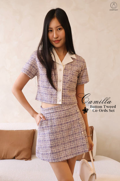 Camilla Button Tweed Co-Ords Set In Lavender
